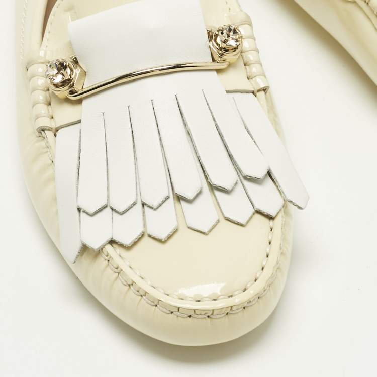 Pre Owned Tod's Blush Cream/White Patent and Leather Fringe Detail Loafers Size 39