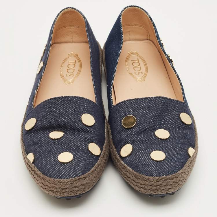 Pre Owned Tod's Navy Blue Denim Studded Espadrille Ballet Flats Size 38.5