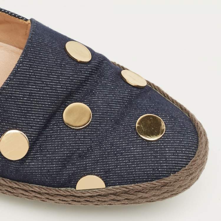 Pre Owned Tod's Navy Blue Denim Studded Espadrille Ballet Flats Size 38.5
