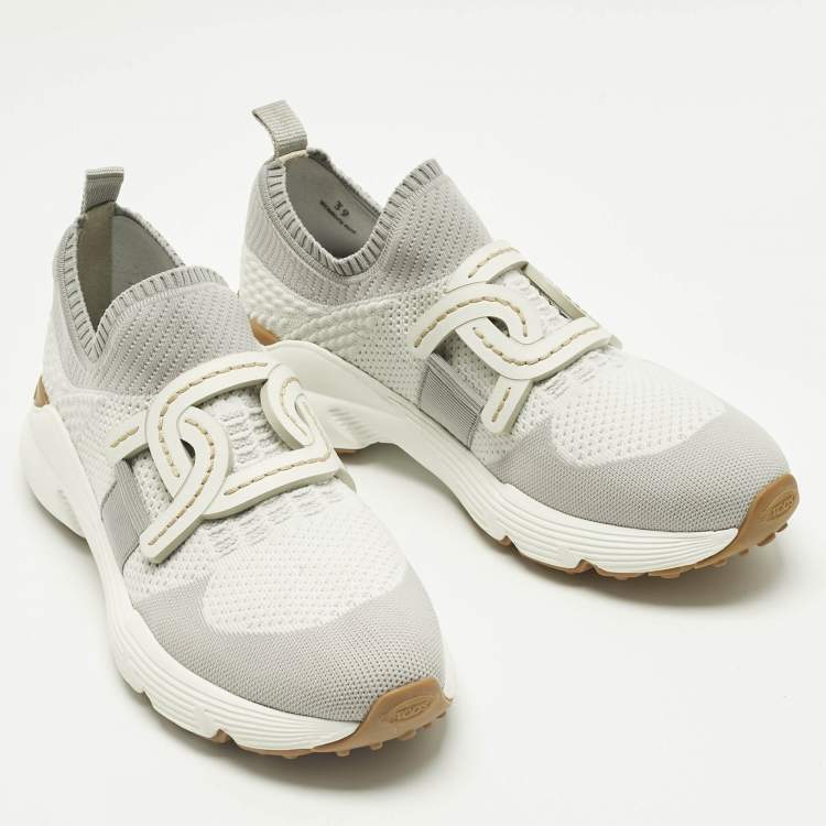 Pre Owned Tod's Grey/White Knit Fabric Kate Slip On Sneakers Size 39