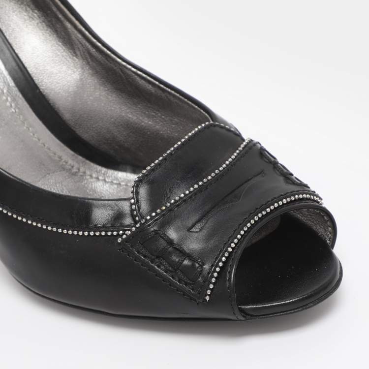 Pre Owned Tod's Black Leather Penny Peep Toe Pumps Size 37