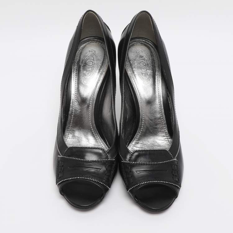 Pre Owned Tod's Black Leather Penny Peep Toe Pumps Size 37