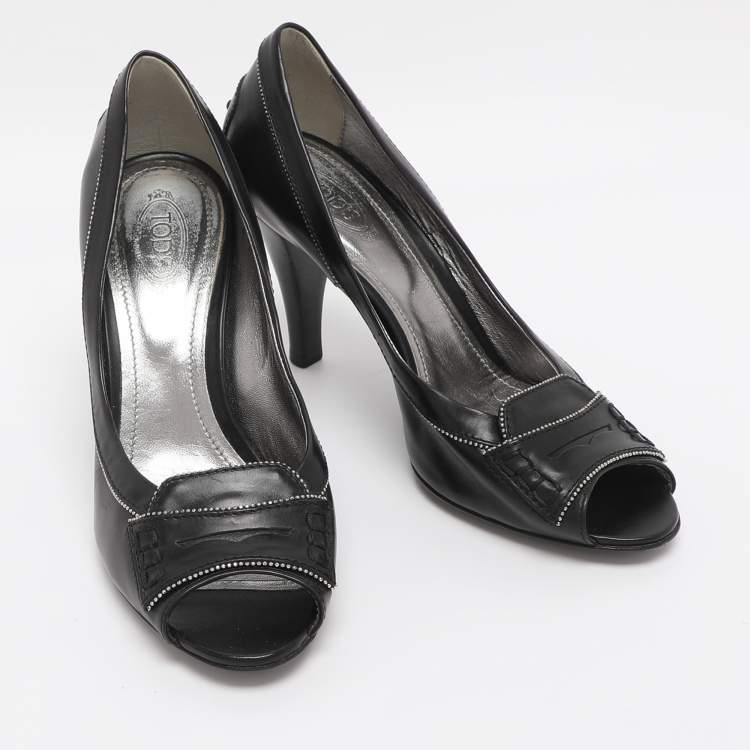 Pre Owned Tod's Black Leather Penny Peep Toe Pumps Size 37