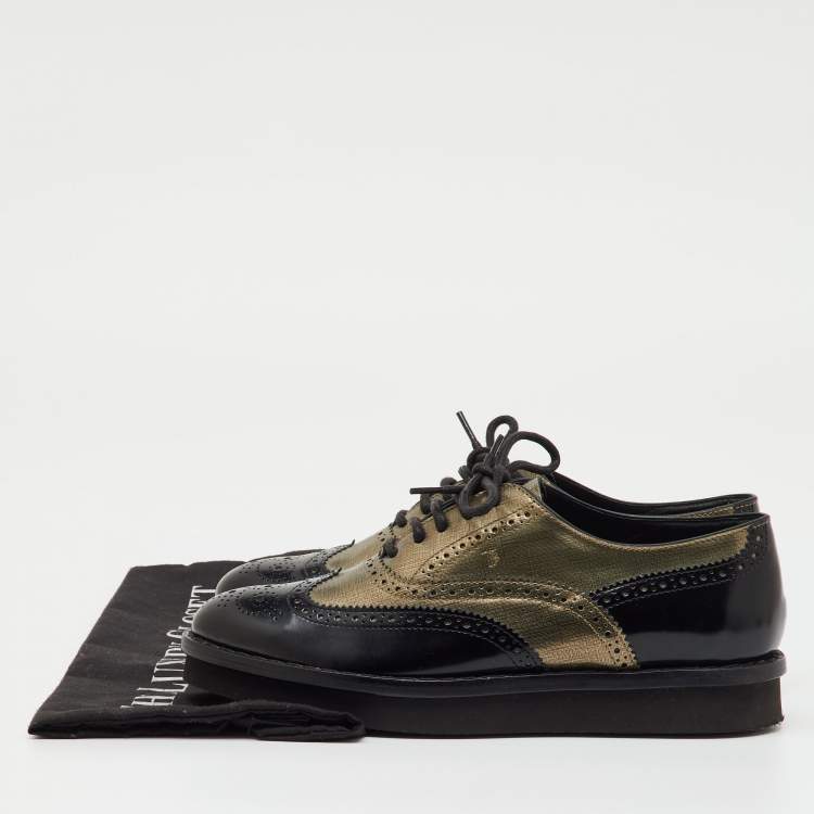 مملوكة مسبقًا Tod's Black/Metallic Gold and Leather Brogue Wingtip Lace Up Oxfords Size 36