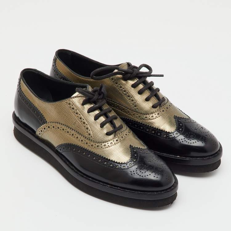 مملوكة مسبقًا Tod's Black/Metallic Gold and Leather Brogue Wingtip Lace Up Oxfords Size 36