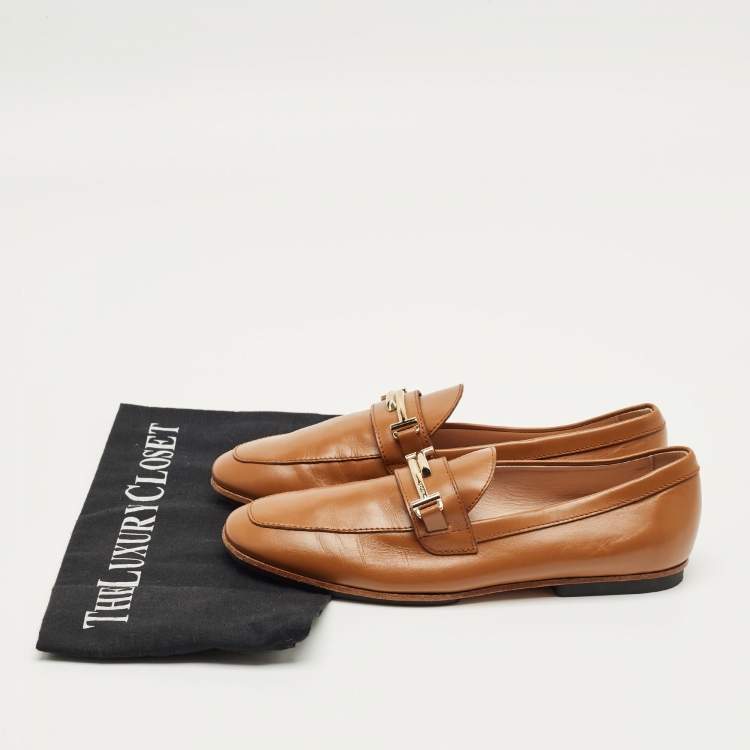 Pre Owned Tod's Brown Leather Slip On Loafers Size 35.5