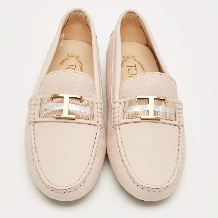 Pre Owned Tod's Beige Leather Slip On Loafers Size 35.5