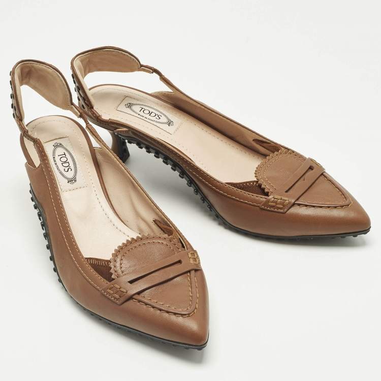 Pre Owned Tod's Brown Leather Loafers Slingback Pumps Size 35
