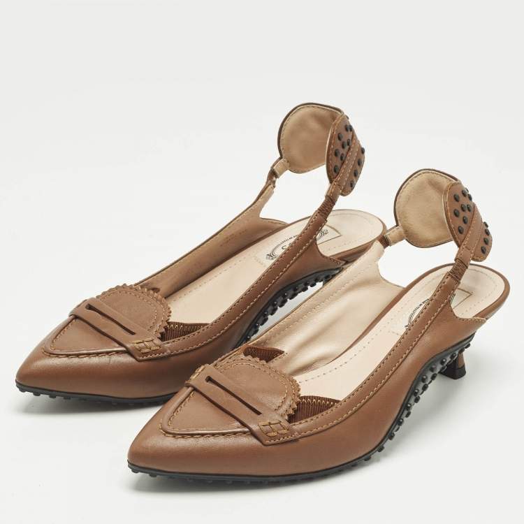 Pre Owned Tod's Brown Leather Loafers Slingback Pumps Size 35