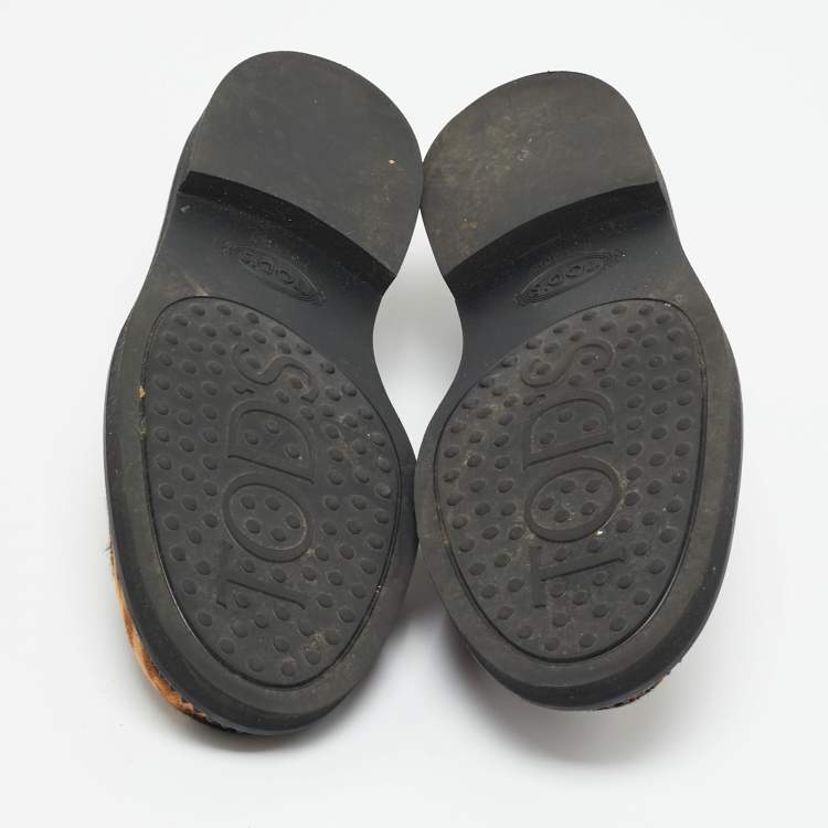 Pre Owned Tod's Brown/Beige Calf Hair Bow Penny  Loafers Size 36