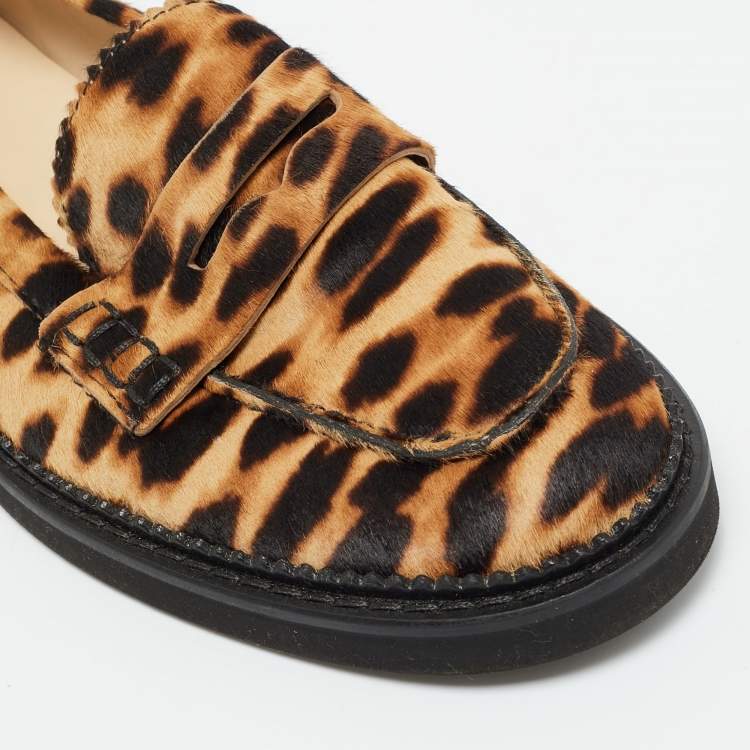 Pre Owned Tod's Brown/Beige Calf Hair Bow Penny  Loafers Size 36