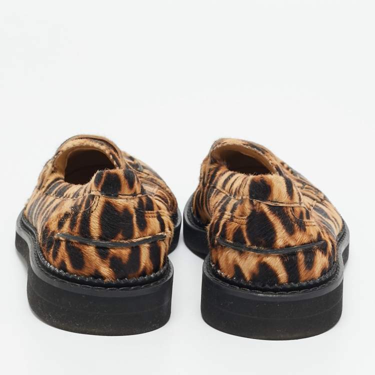 Pre Owned Tod's Brown/Beige Calf Hair Bow Penny  Loafers Size 36