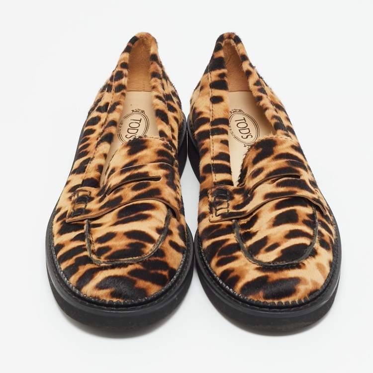 Pre Owned Tod's Brown/Beige Calf Hair Bow Penny  Loafers Size 36