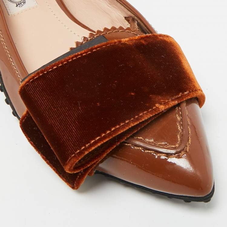 Pre Owned Tod's Size 35.5 Brown Patent Leather Bow Loafers