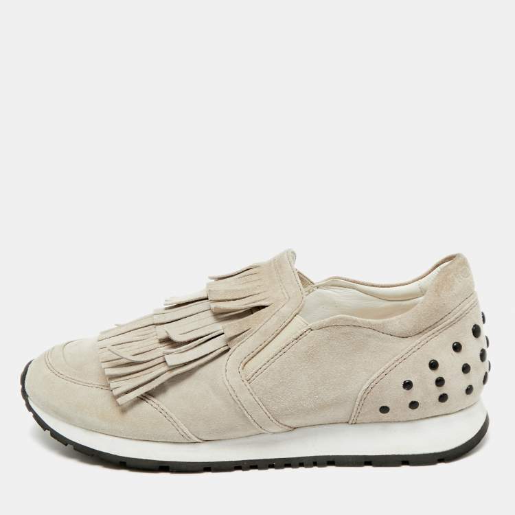 Pre Owned Tod's  Light Grey Suede Fringe Detail Slip On Sneakers Size 35.5