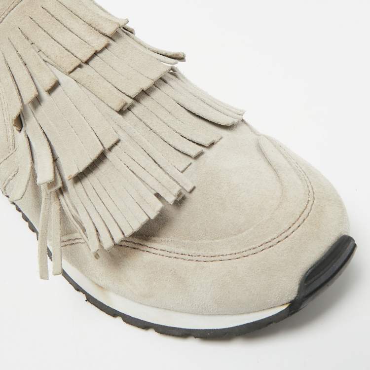 Pre Owned Tod's  Light Grey Suede Fringe Detail Slip On Sneakers Size 35.5