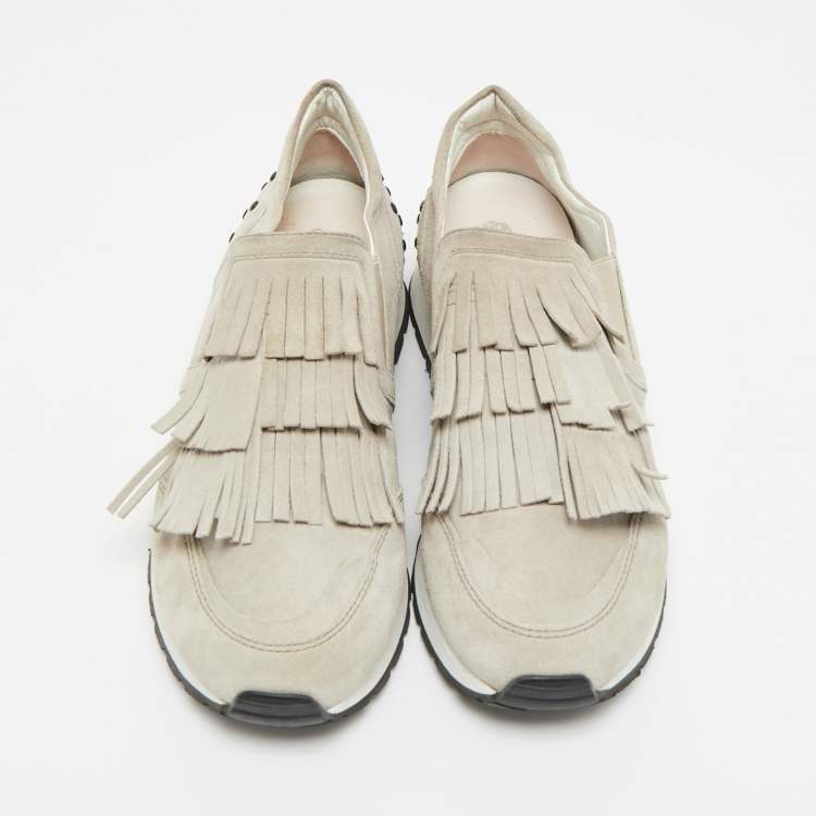 Pre Owned Tod's  Light Grey Suede Fringe Detail Slip On Sneakers Size 35.5