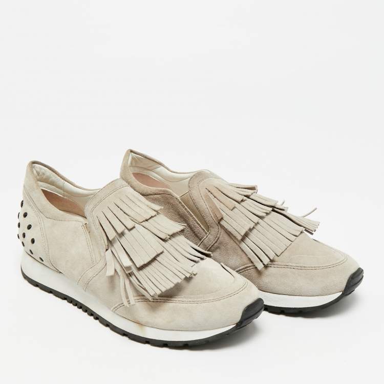 Pre Owned Tod's  Light Grey Suede Fringe Detail Slip On Sneakers Size 35.5