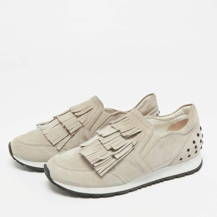 Pre Owned Tod's  Light Grey Suede Fringe Detail Slip On Sneakers Size 35.5