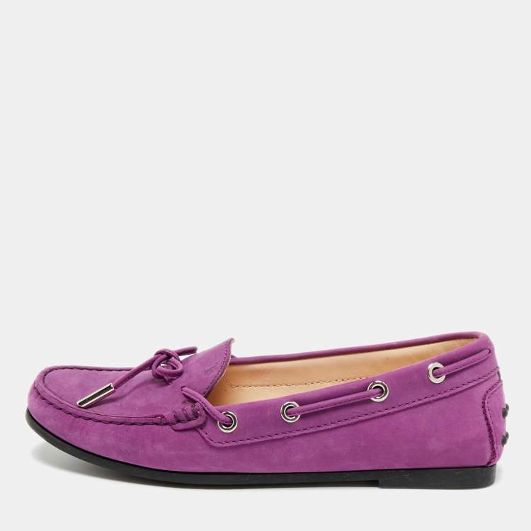 مملوكة مسبقًا Tod's Gommino Bow  Purple Nubuck Leather Loafers Size 36.5
