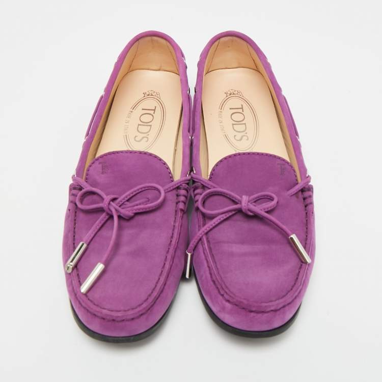 مملوكة مسبقًا Tod's Gommino Bow  Purple Nubuck Leather Loafers Size 36.5