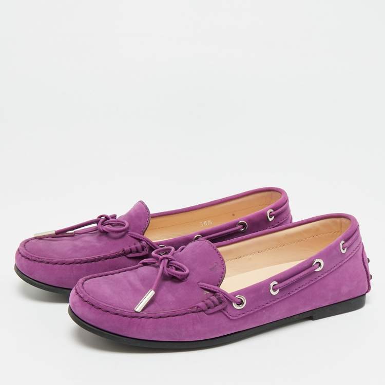 مملوكة مسبقًا Tod's Gommino Bow  Purple Nubuck Leather Loafers Size 36.5