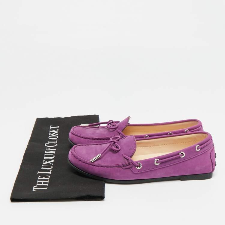 مملوكة مسبقًا Tod's Gommino Bow  Purple Nubuck Leather Loafers Size 36.5