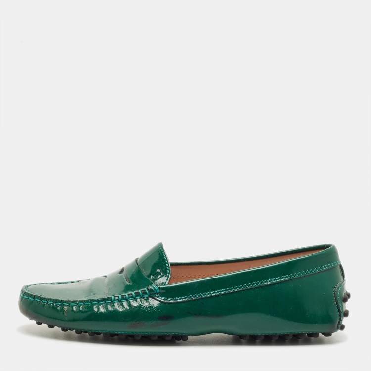 Pre Owned Tod's Gommini Size 37 Green Patent Leather Loafers