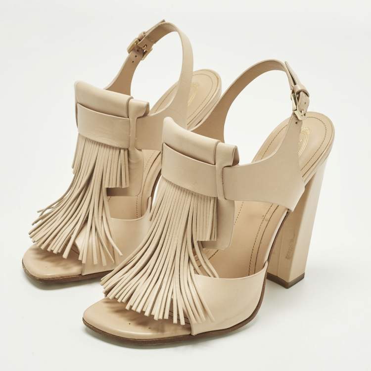 Pre Owned Tod's Fringe Size 38 Beige Leather Ankle Strap Sandals
