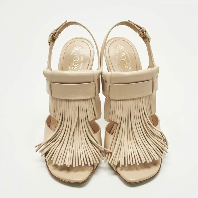 Pre Owned Tod's Fringe Size 38 Beige Leather Ankle Strap Sandals