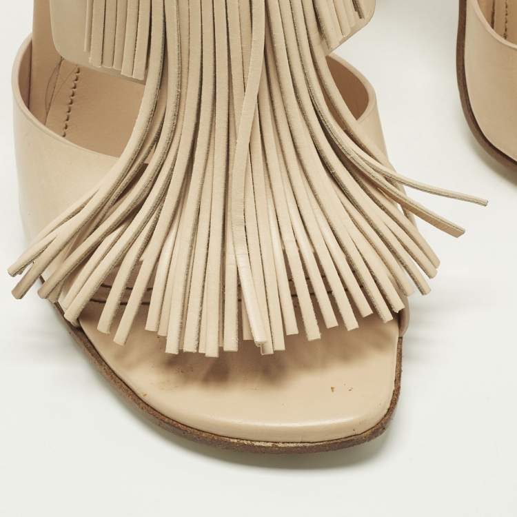 Pre Owned Tod's Fringe Size 38 Beige Leather Ankle Strap Sandals