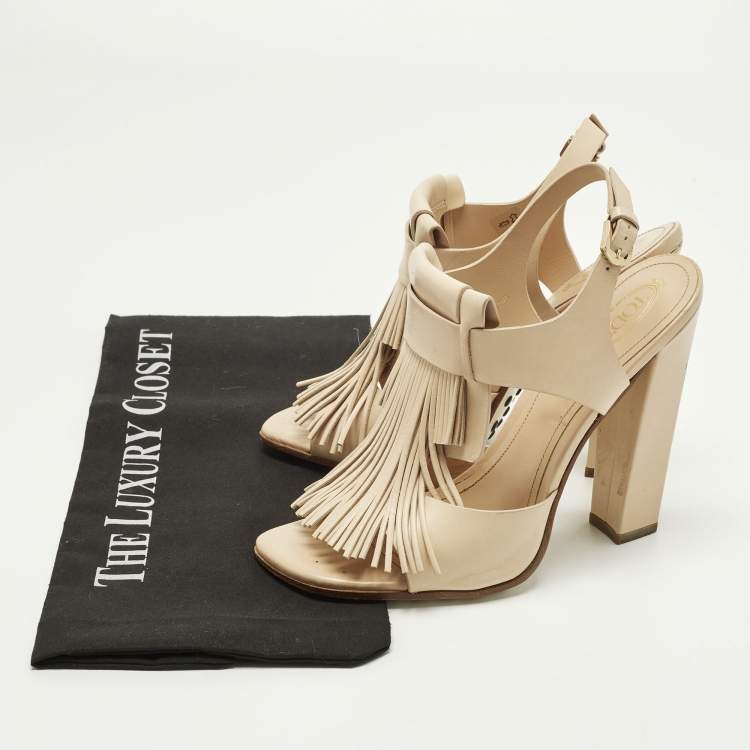 Pre Owned Tod's Fringe Size 38 Beige Leather Ankle Strap Sandals