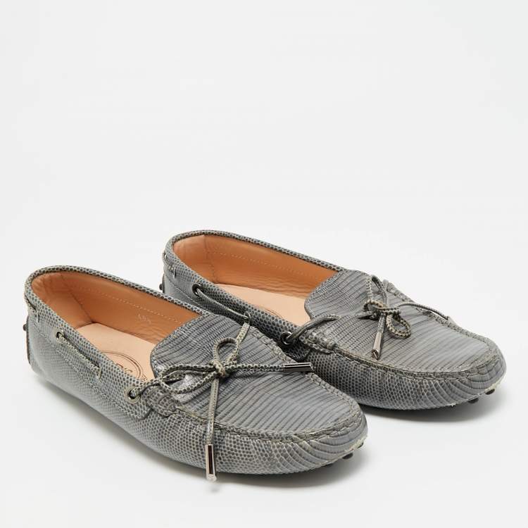 Pre Owned Tod's Size 40.5 Grey Lizard Embossed Leather Bow Slip On  Loafers