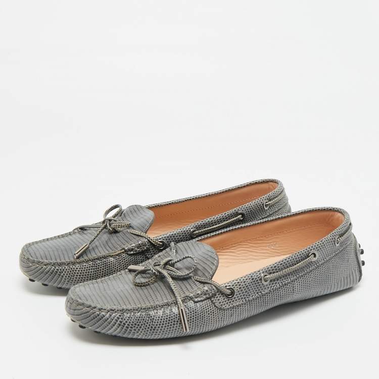 Pre Owned Tod's Size 40.5 Grey Lizard Embossed Leather Bow Slip On  Loafers
