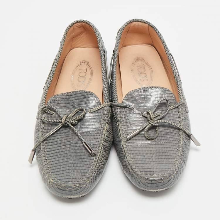 Pre Owned Tod's Size 40.5 Grey Lizard Embossed Leather Bow Slip On  Loafers