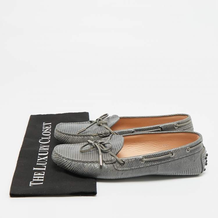 Pre Owned Tod's Size 40.5 Grey Lizard Embossed Leather Bow Slip On  Loafers