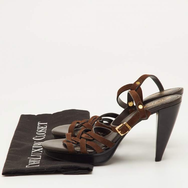 Pre Owned Tod's T-Bar Ankle Strap Size 38 Brown Suede Platform Sandals