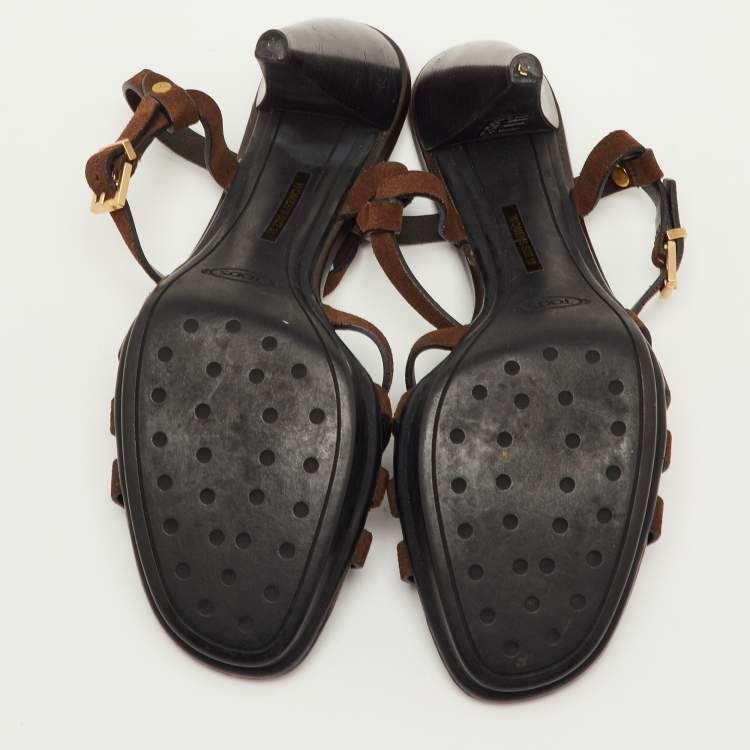 Pre Owned Tod's T-Bar Ankle Strap Size 38 Brown Suede Platform Sandals