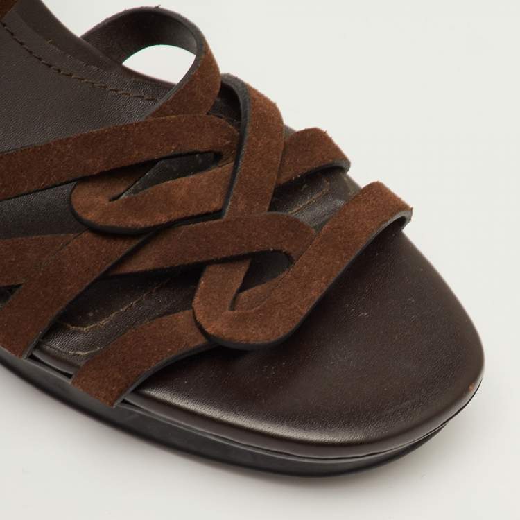 Pre Owned Tod's T-Bar Ankle Strap Size 38 Brown Suede Platform Sandals