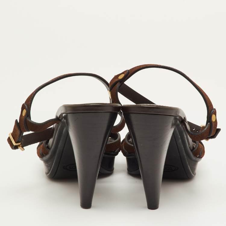 Pre Owned Tod's T-Bar Ankle Strap Size 38 Brown Suede Platform Sandals