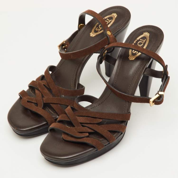 Pre Owned Tod's T-Bar Ankle Strap Size 38 Brown Suede Platform Sandals