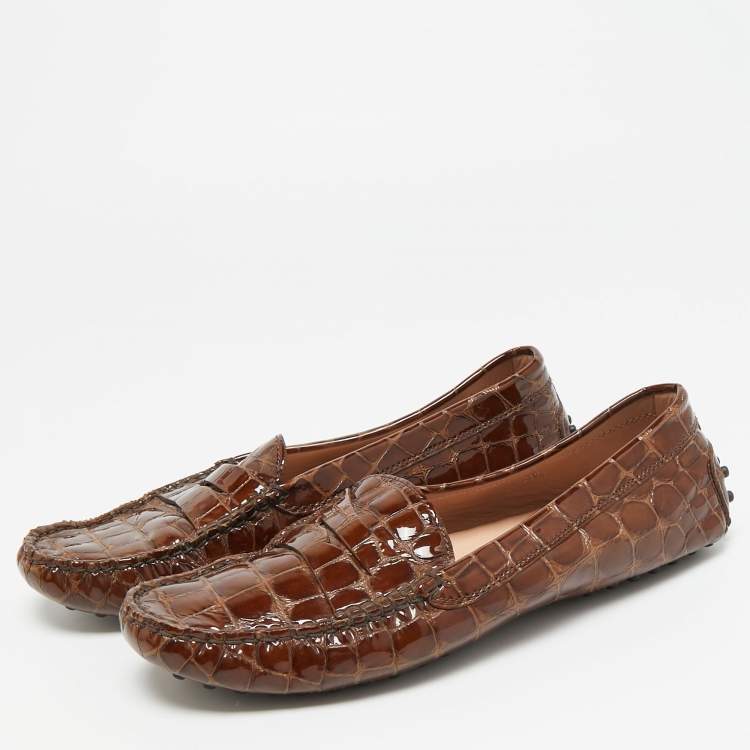 Pre Owned Tod's Gommini Size 38.5 Brown Croc Embossed Patent Leather Loafers