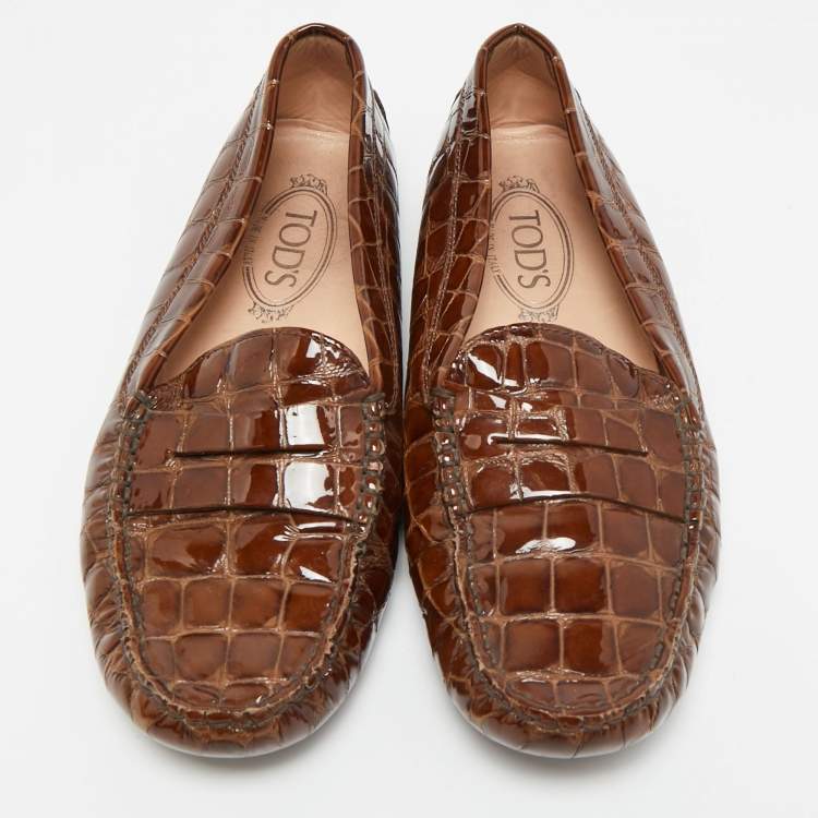 Pre Owned Tod's Gommini Size 38.5 Brown Croc Embossed Patent Leather Loafers
