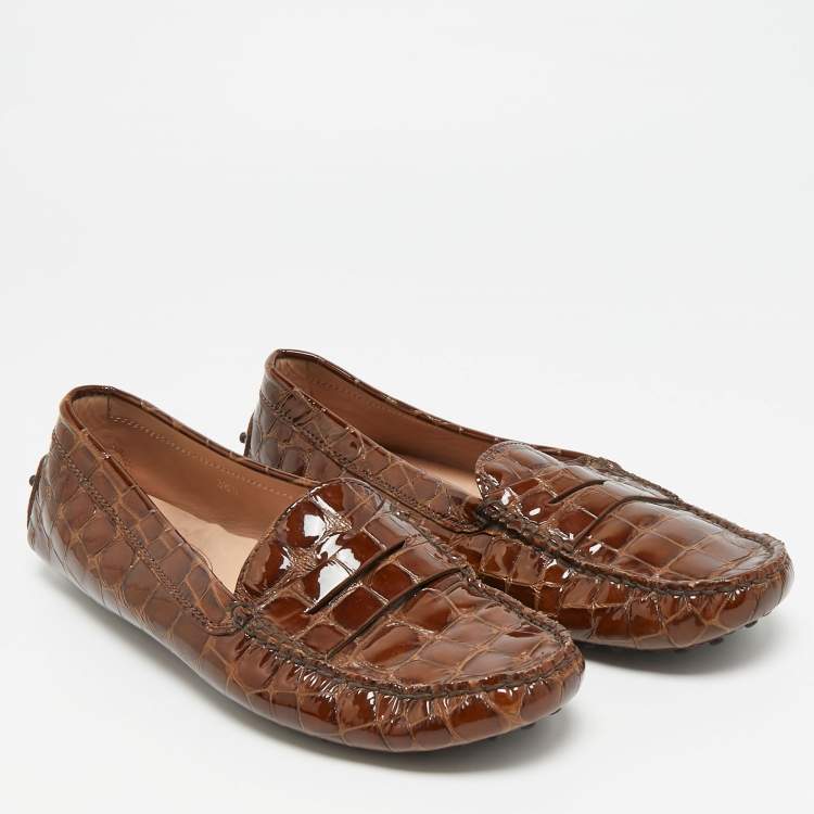 Pre Owned Tod's Gommini Size 38.5 Brown Croc Embossed Patent Leather Loafers