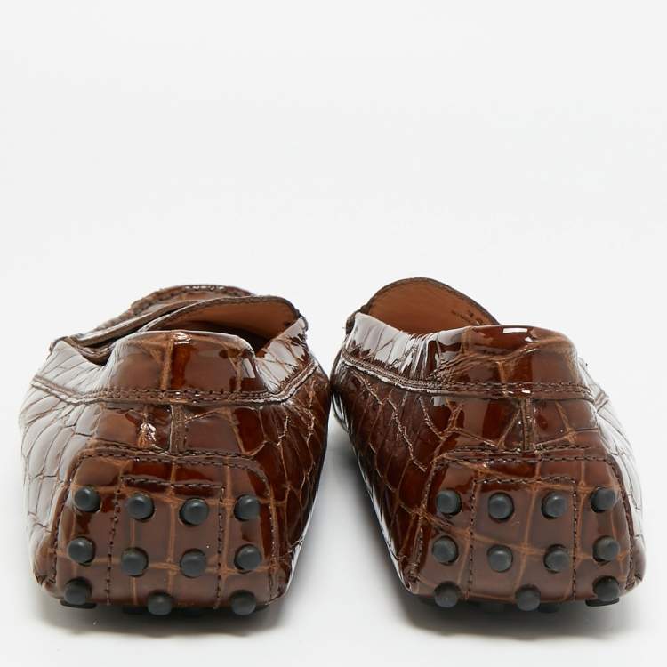 Pre Owned Tod's Gommini Size 38.5 Brown Croc Embossed Patent Leather Loafers