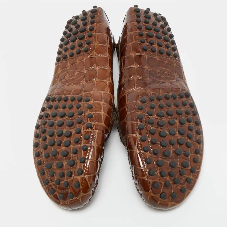 Pre Owned Tod's Gommini Size 38.5 Brown Croc Embossed Patent Leather Loafers