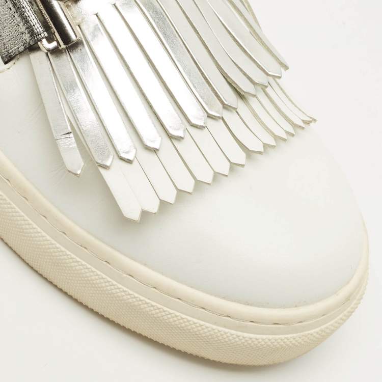 Pre Owned Tod's Fringe Strap Size 36 White Leather Slip On Loafer Sneakers