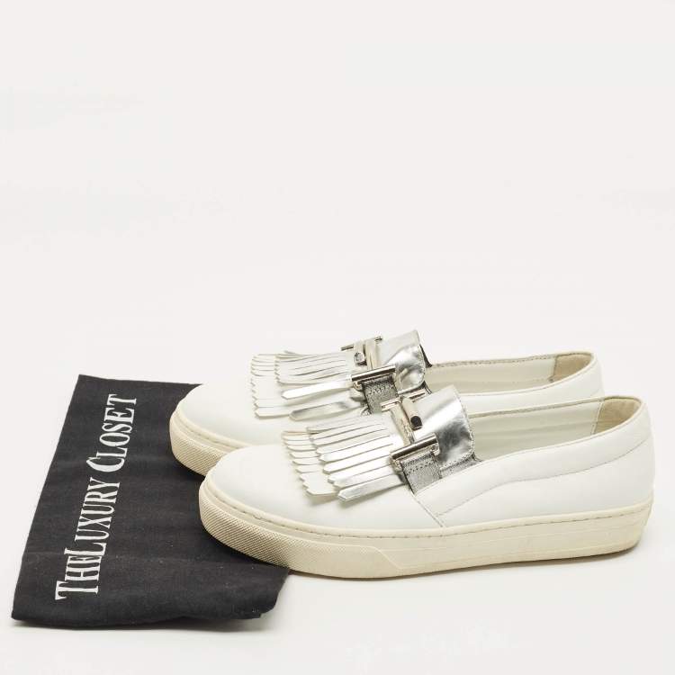 Pre Owned Tod's Fringe Strap Size 36 White Leather Slip On Loafer Sneakers