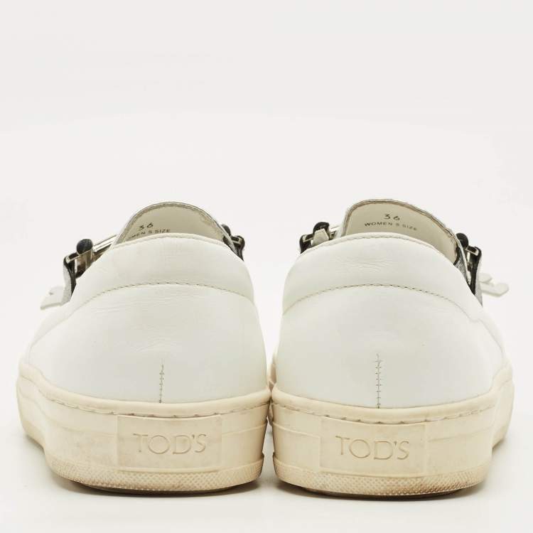 Pre Owned Tod's Fringe Strap Size 36 White Leather Slip On Loafer Sneakers