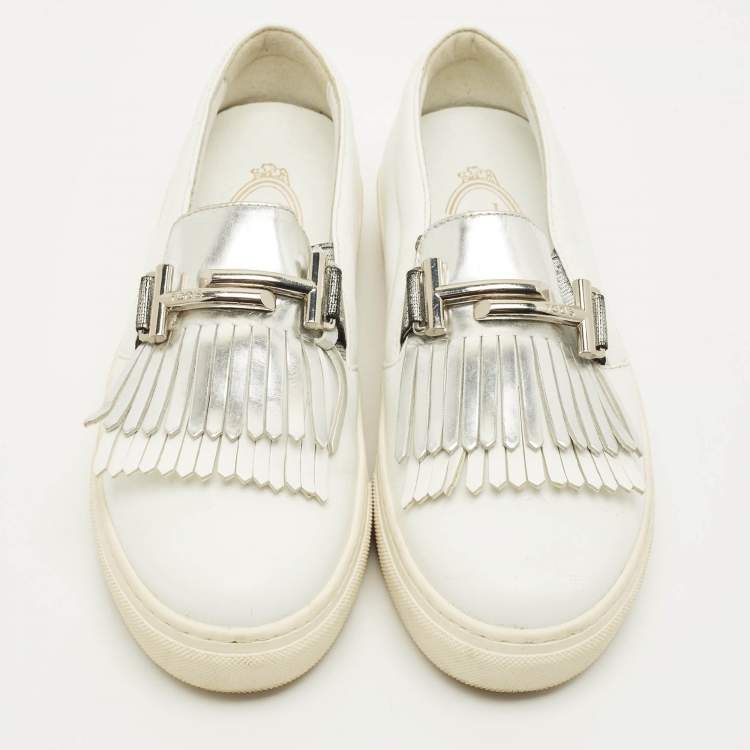 Pre Owned Tod's Fringe Strap Size 36 White Leather Slip On Loafer Sneakers